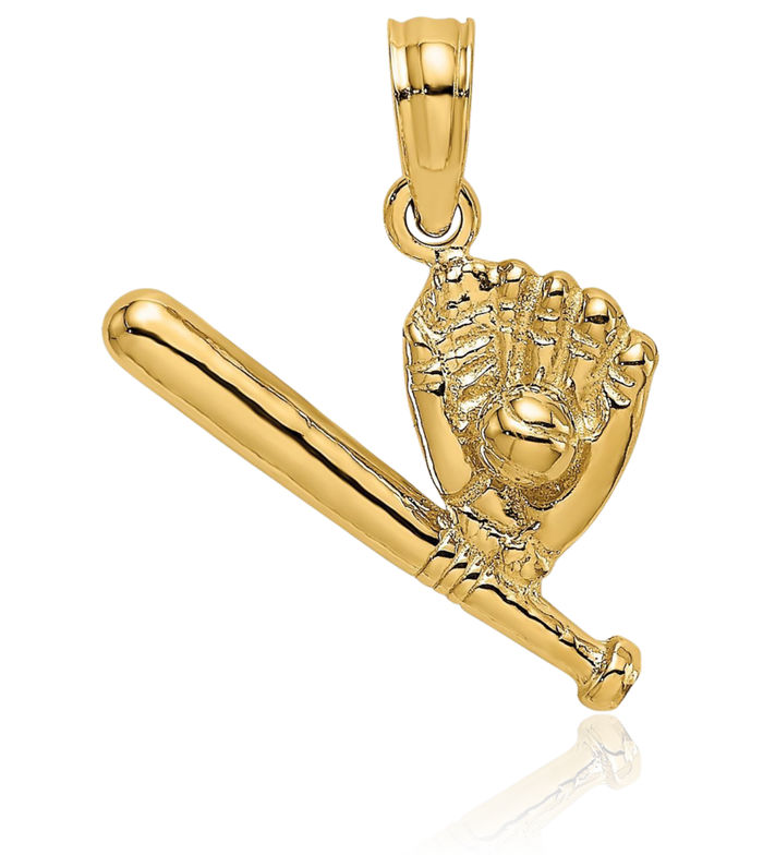 14K Solid Yellow Gold Baseball Bat Glove Necklace Softball Charm Sports Pendant