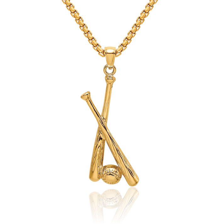 14K Solid Yellow Gold Baseball Bats Ball Necklace Softball Charm Sports Pendant