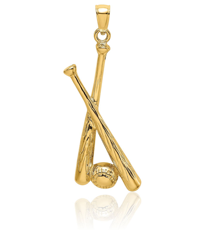 14K Solid Yellow Gold Baseball Bats Ball Necklace Softball Charm Sports Pendant