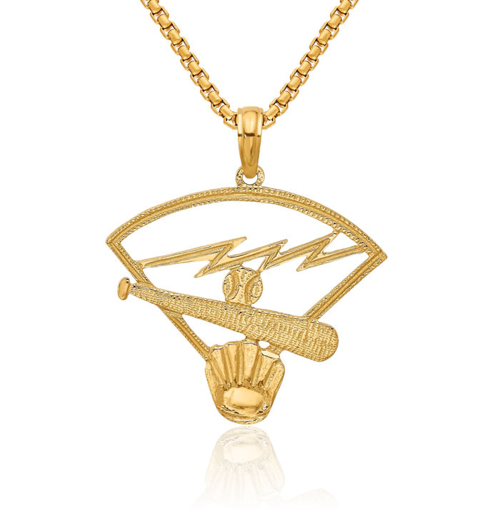 14K Solid Yellow Gold Baseball Diamond Necklace Softball Charm Sports Pendant