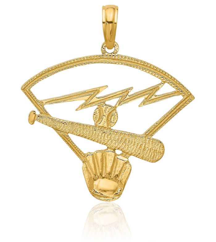 14K Solid Yellow Gold Baseball Diamond Necklace Softball Charm Sports Pendant