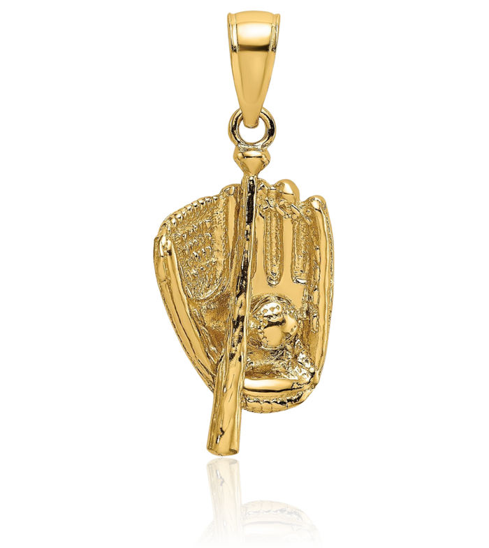 14K Solid Yellow Gold Baseball Glove Bat Ball Necklace Softball Charm Sports Pendant