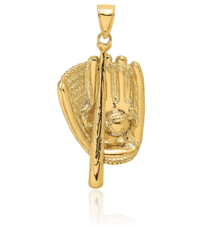 14K Solid Yellow Gold Baseball Glove Bat Ball Necklace Softball Charm Sports Pendant