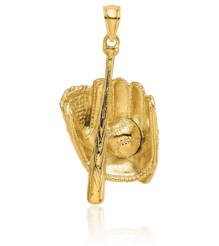 14K Solid Yellow Gold Baseball Glove Bat Ball Necklace Softball Charm Sports Pendant