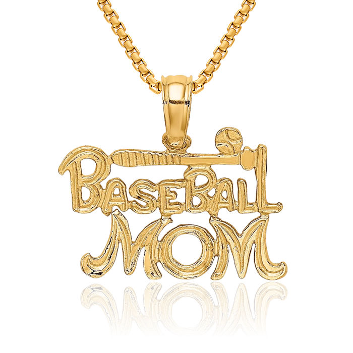 14K Solid Yellow Gold Baseball Mom Necklace Mama Softball Charm Mother Sports Pendant