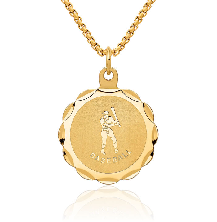 14K Solid Yellow Gold Baseball Disc Necklace Softball Charm Sports Pendant