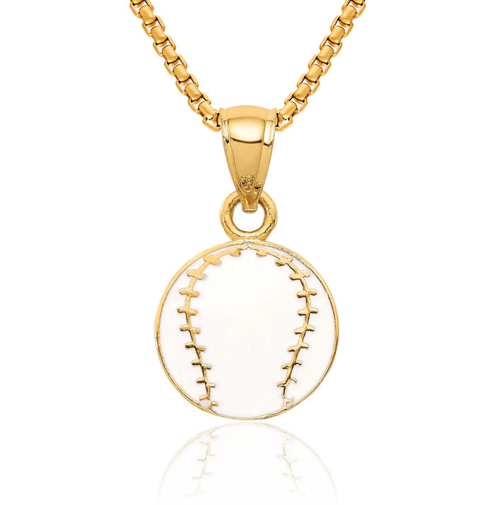 14K Solid Yellow Gold Baseball Necklace Softball Charm Sports Pendant