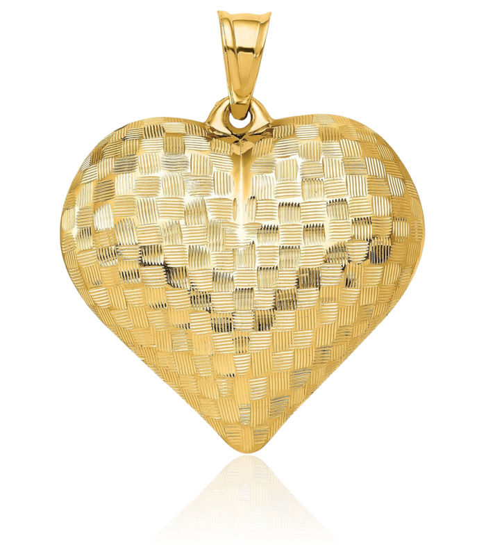 14K Solid Yellow Gold Basket Weave Heart Necklace Love Pendant Charm