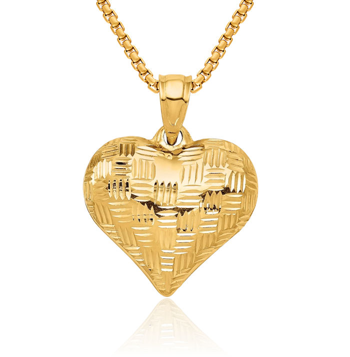 14K Solid Yellow Gold Basket Weave Heart Necklace Love Pendant Charm