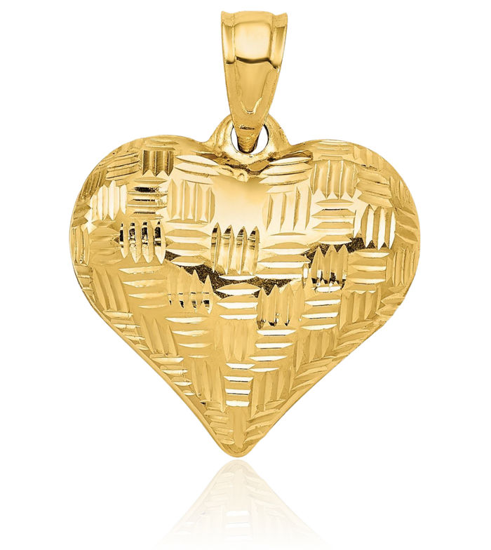 14K Solid Yellow Gold Basket Weave Heart Necklace Love Pendant Charm