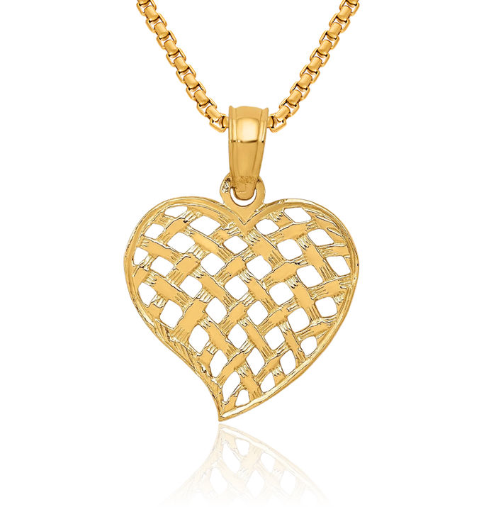 14K Solid Yellow Gold Basket Weave Heart Necklace Love Pendant Charm