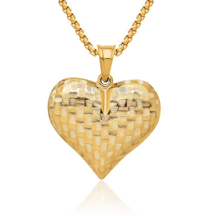 14K Solid Yellow Gold Basket Weave Heart Necklace Love Pendant Charm