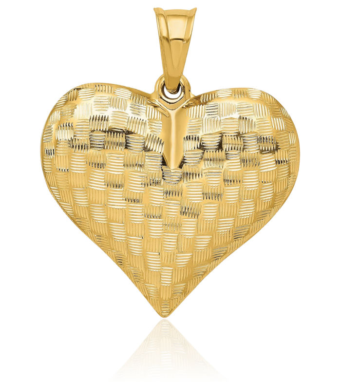 14K Solid Yellow Gold Basket Weave Heart Necklace Love Pendant Charm