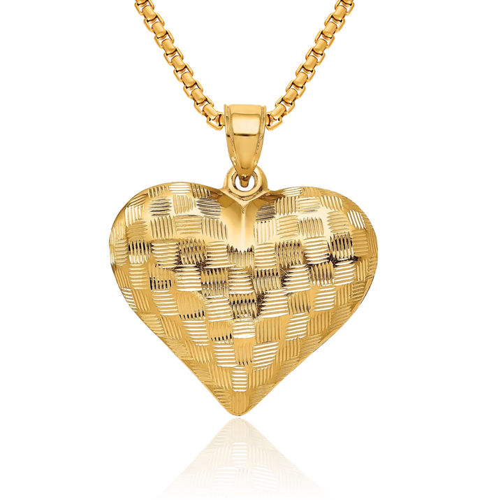 14K Solid Yellow Gold Basket Weave Heart Necklace Love Pendant Charm