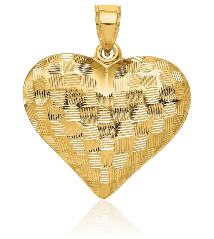 14K Solid Yellow Gold Basket Weave Heart Necklace Love Pendant Charm