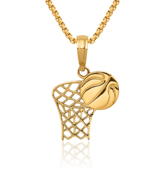 14K Solid Yellow Gold Basketball Hoop Ball Necklace Charm Sports Pendant