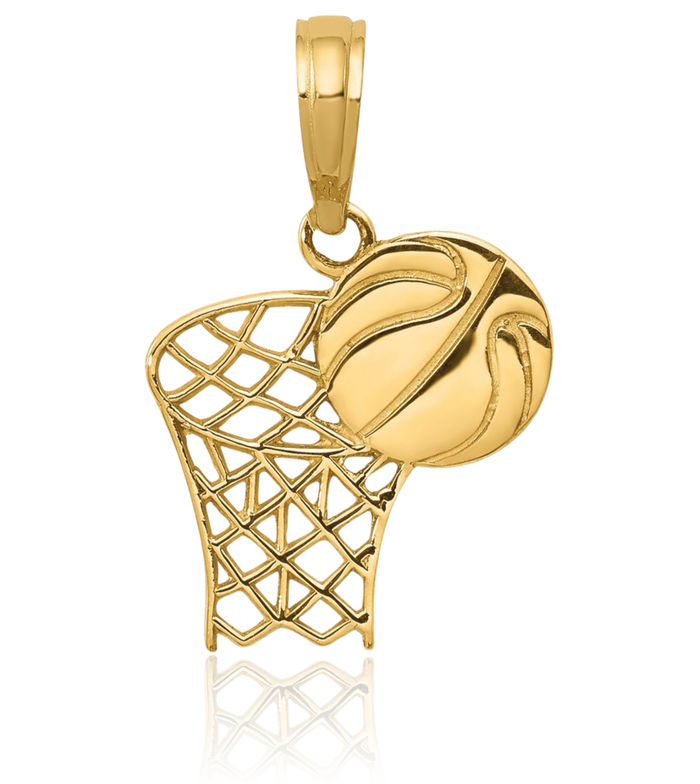 14K Solid Yellow Gold Basketball Hoop Ball Necklace Charm Sports Pendant