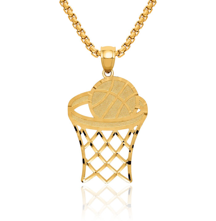 14K Solid Yellow Gold Basketball Hoop Necklace Charm Sports Pendant