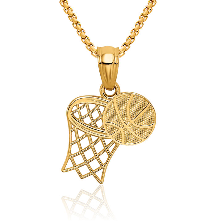 14K Solid Yellow Gold Basketball Hoop Necklace Charm Sports Pendant