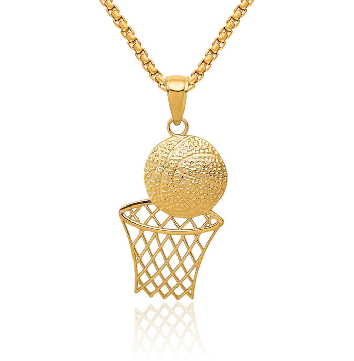 14K Solid Yellow Gold Basketball Hoop Net Necklace Swoosh Charm Sports Pendant