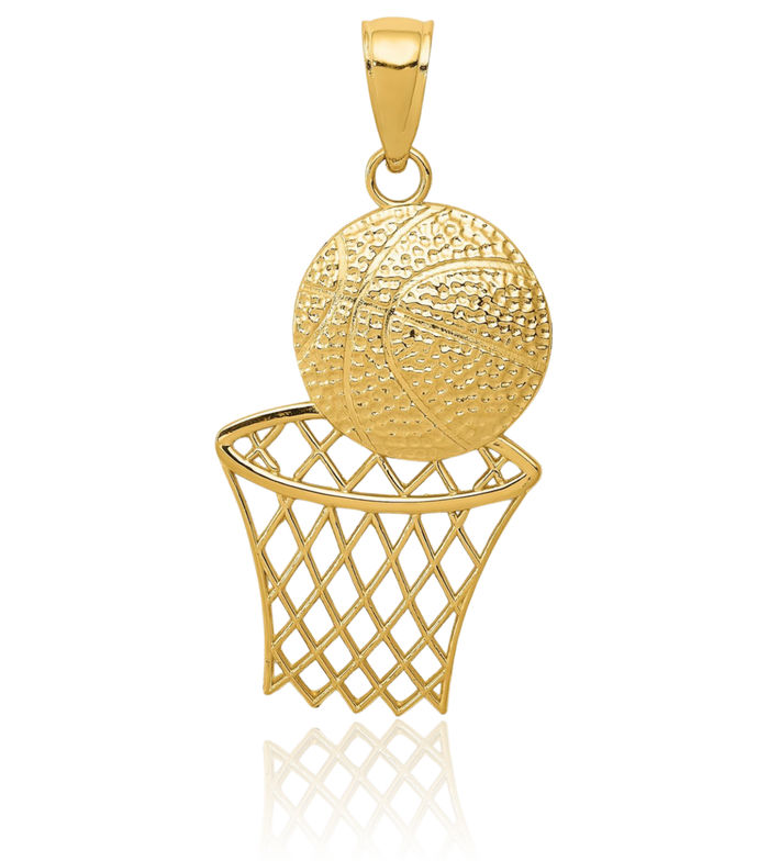 14K Solid Yellow Gold Basketball Hoop Net Necklace Swoosh Charm Sports Pendant