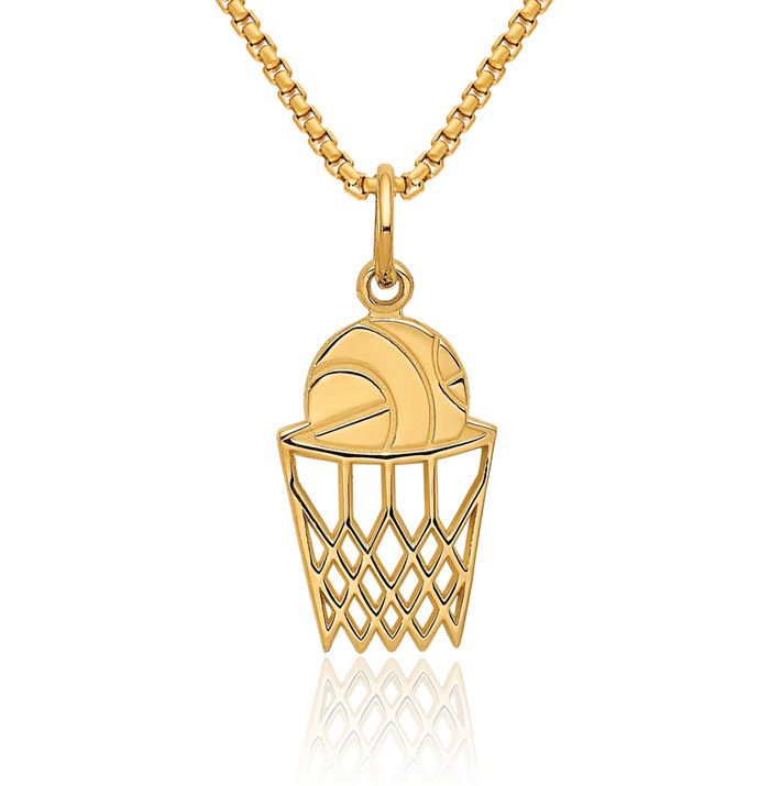 14K Solid Yellow Gold Basketball Hoop Net Necklace Swoosh Charm Sports Pendant