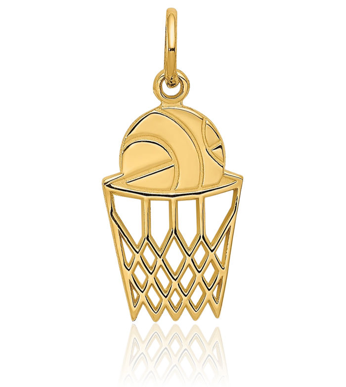 14K Solid Yellow Gold Basketball Hoop Net Necklace Swoosh Charm Sports Pendant