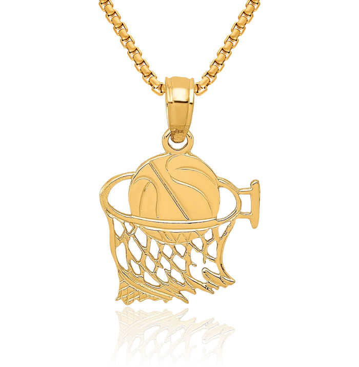 14K Solid Yellow Gold Basketball Hoop Net Necklace Swoosh Charm Sports Pendant