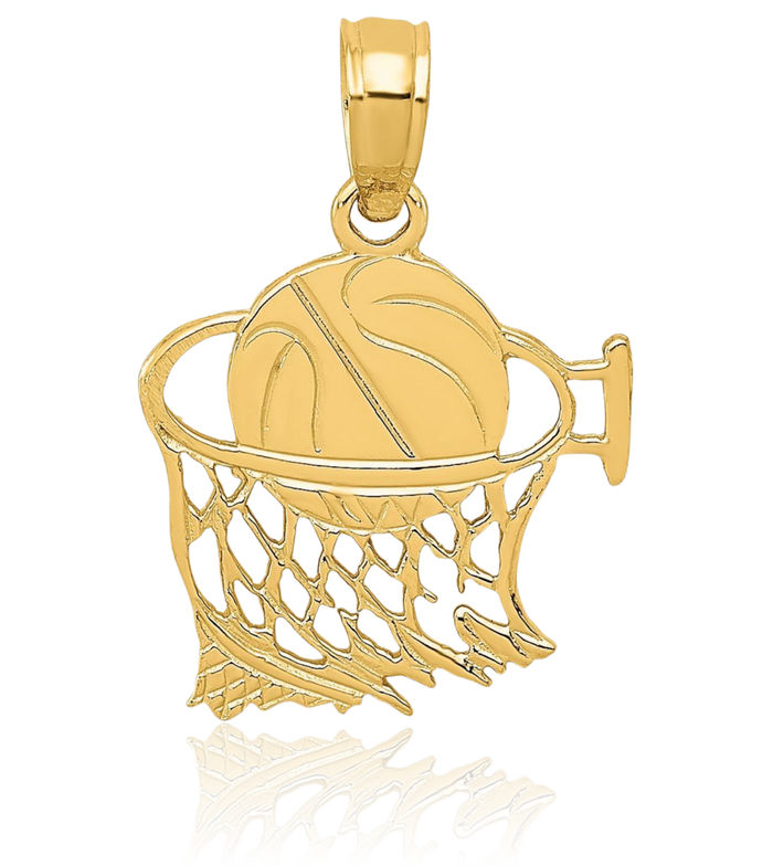 14K Solid Yellow Gold Basketball Hoop Net Necklace Swoosh Charm Sports Pendant