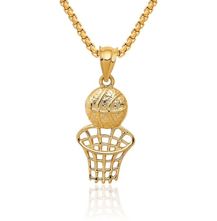 14K Solid Yellow Gold Basketball Hoop Net Necklace Swoosh Charm Sports Pendant