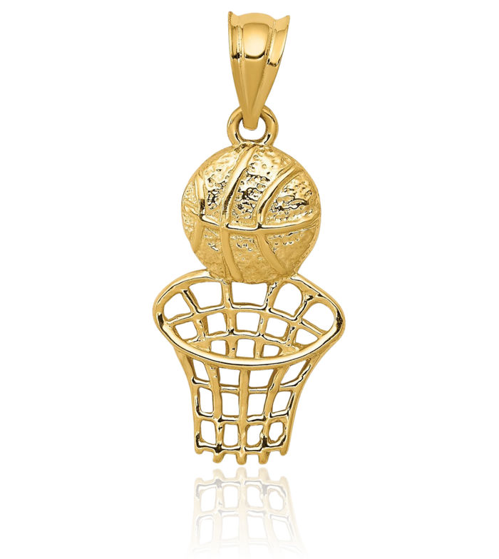 14K Solid Yellow Gold Basketball Hoop Net Necklace Swoosh Charm Sports Pendant