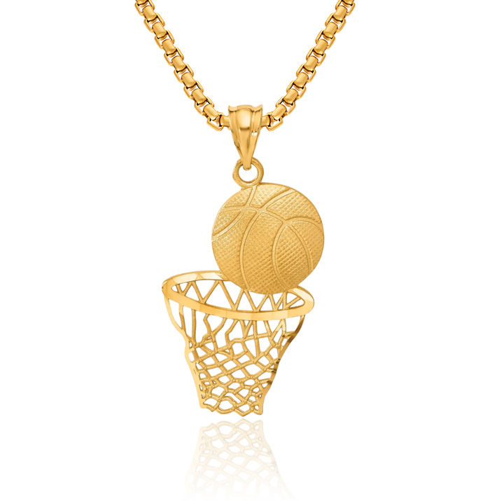 14K Solid Yellow Gold Basketball Hoop Net Necklace Swoosh Charm Sports Pendant