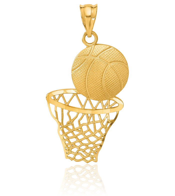 14K Solid Yellow Gold Basketball Hoop Net Necklace Swoosh Charm Sports Pendant