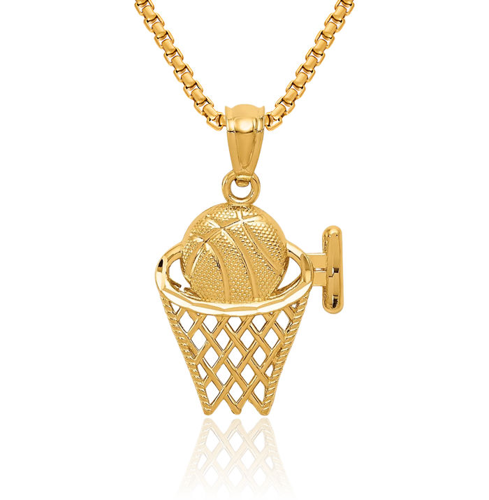 14K Solid Yellow Gold Basketball Hoop Net Necklace Swoosh Charm Sports Pendant