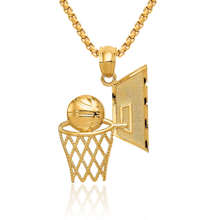 14K Solid Yellow Gold Basketball Necklace Charm Sports Pendant