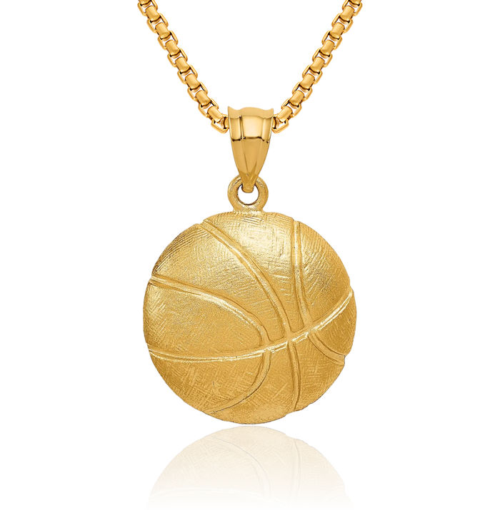 14K Solid Yellow Gold Basketball Necklace Charm Sports Pendant