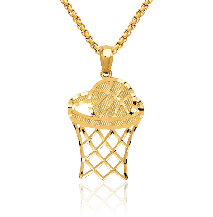 14K Solid Yellow Gold Basketball Necklace Charm Sports Pendant