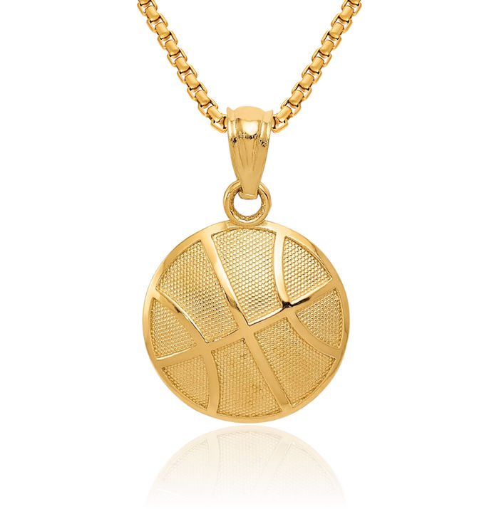 14K Solid Yellow Gold Basketball Necklace Charm Sports Pendant