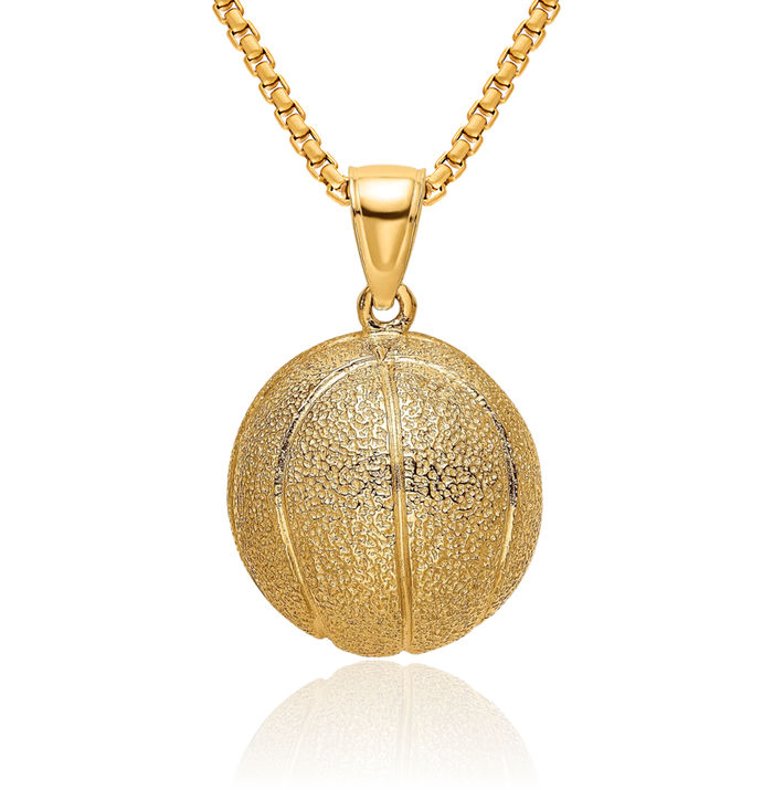 14K Solid Yellow Gold Basketball Necklace Charm Sports Pendant