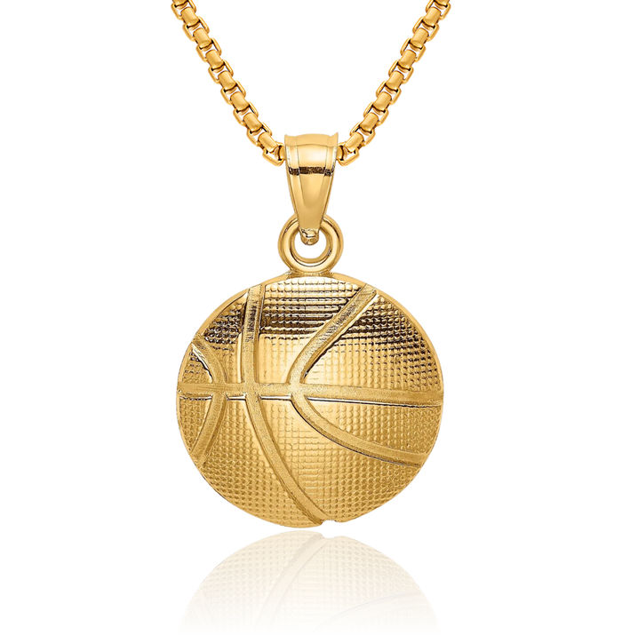 14K Solid Yellow Gold Basketball Necklace Charm Sports Pendant