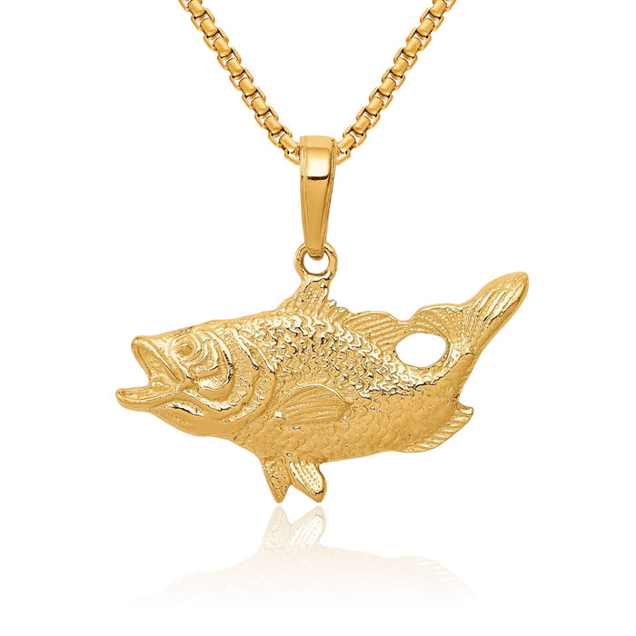 14K Solid Yellow Gold Bass Fish Necklace Chain Pendant Charm