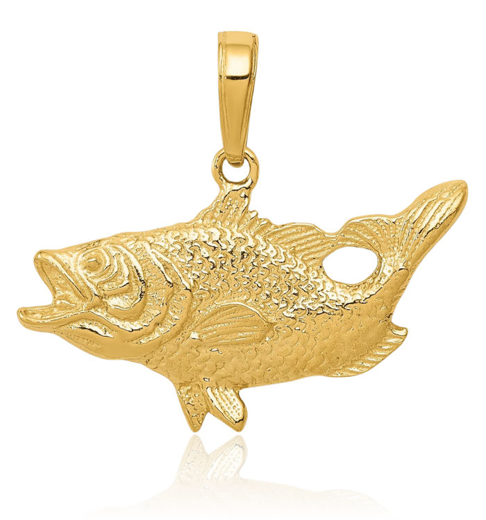 14K Solid Yellow Gold Bass Fish Necklace Chain Pendant Charm