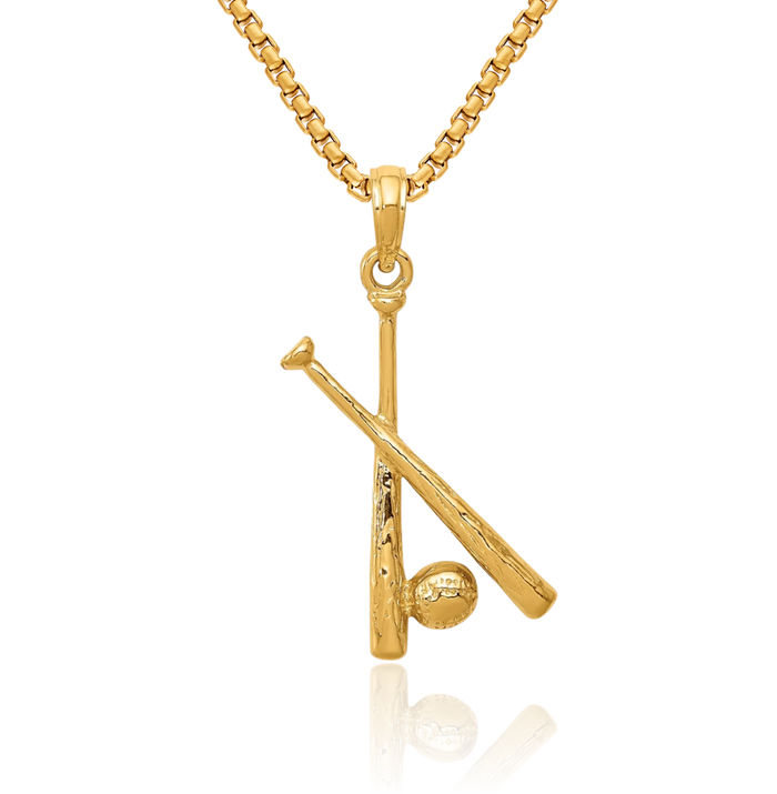 14K Solid Yellow Gold Bats Baseball Necklace Softball Charm Sports Pendant