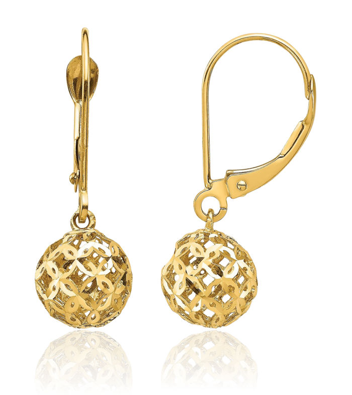 14K Solid Yellow Gold Bead Drop Dangle Earrings