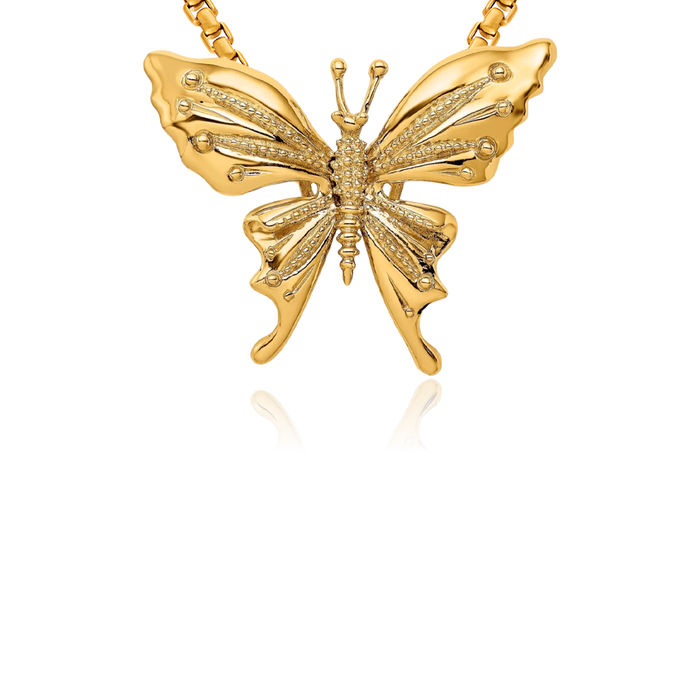 14K Solid Yellow Gold Beaded Butterfly Wings Slide Necklace Chain Pendant Charm