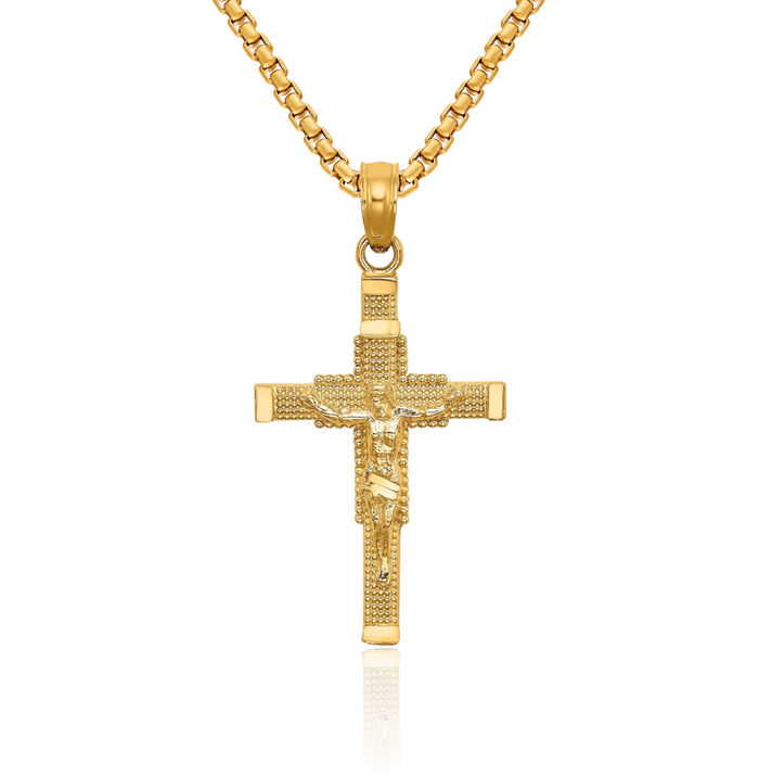 14K Solid Yellow Gold Beaded Cross Behind Lord Jesus Christ Crucifix Holy Necklace Religious Chain Pendant Charm