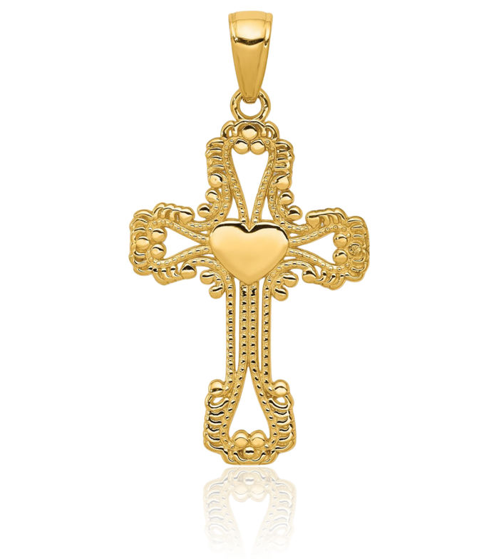 14K Solid Yellow Gold Beaded Latin Mexican Holy Cross Heart Necklace Religious Chain Pendant Jesus Christ Charm