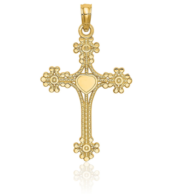 14K Solid Yellow Gold Beaded Holy Cross Heart Necklace Religious Chain Pendant Jesus Christ Charm