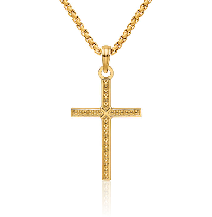 14K Solid Yellow Gold Beaded Latin Mexican Holy Cross Necklace Religious Chain Pendant Jesus Christ Charm