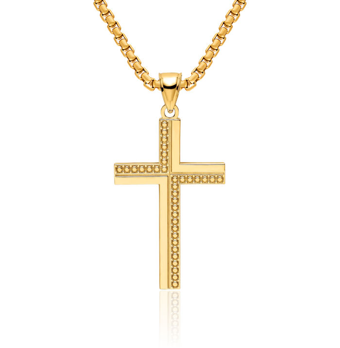 14K Solid Yellow Gold Beaded Latin Mexican Holy Cross Necklace Religious Chain Pendant Jesus Christ Charm